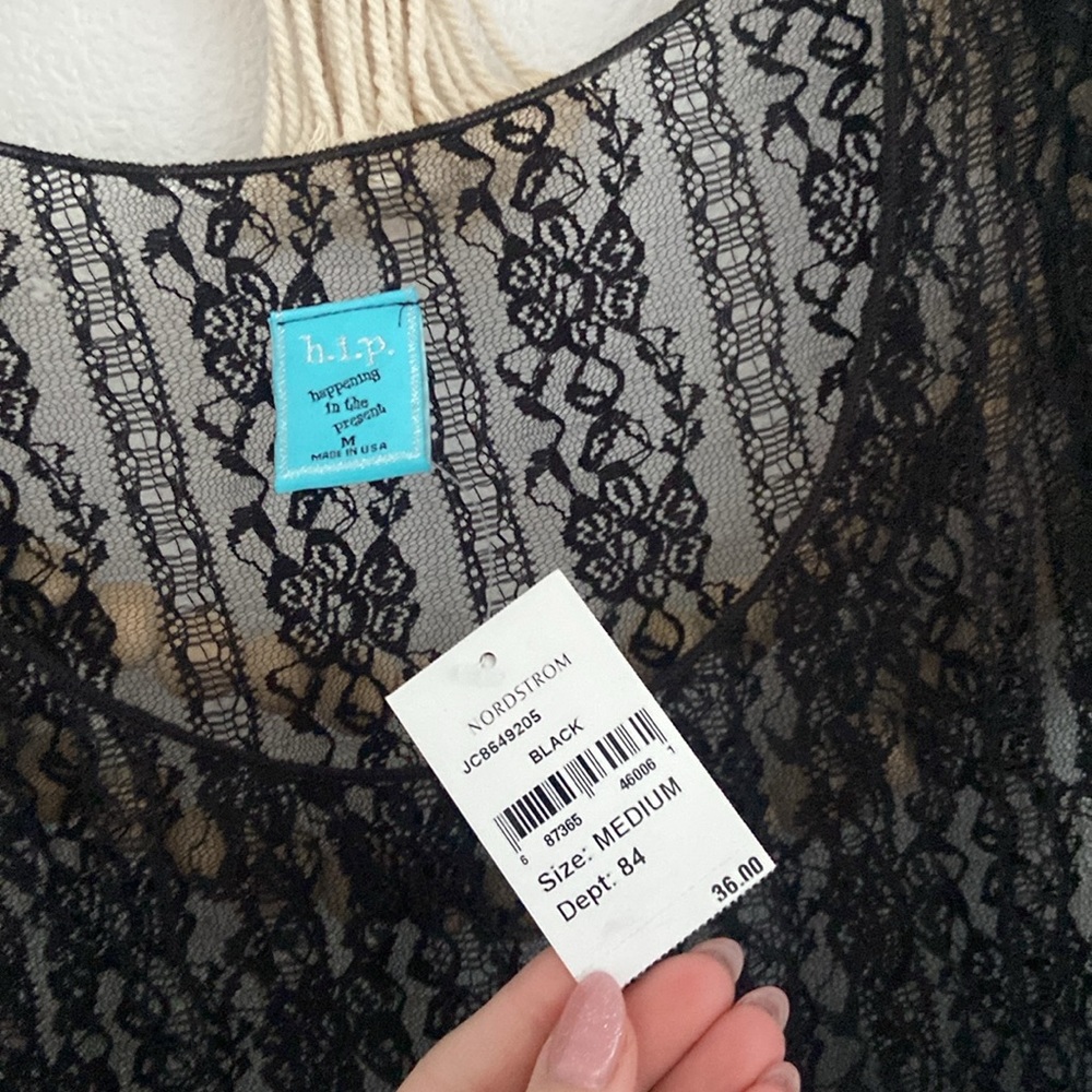 Nordstrom black lace babydoll top long sleeve sheer boho festival crochet medium - Picture 11 of 15